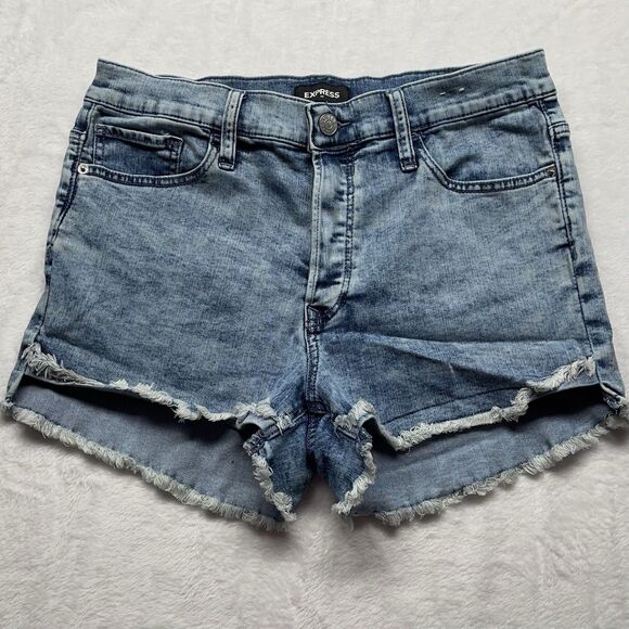 Express Denim Shorts Women's Repreve Stretch Shortie High Rise Frayed Blue Sz 10 - Picture 1 of 13